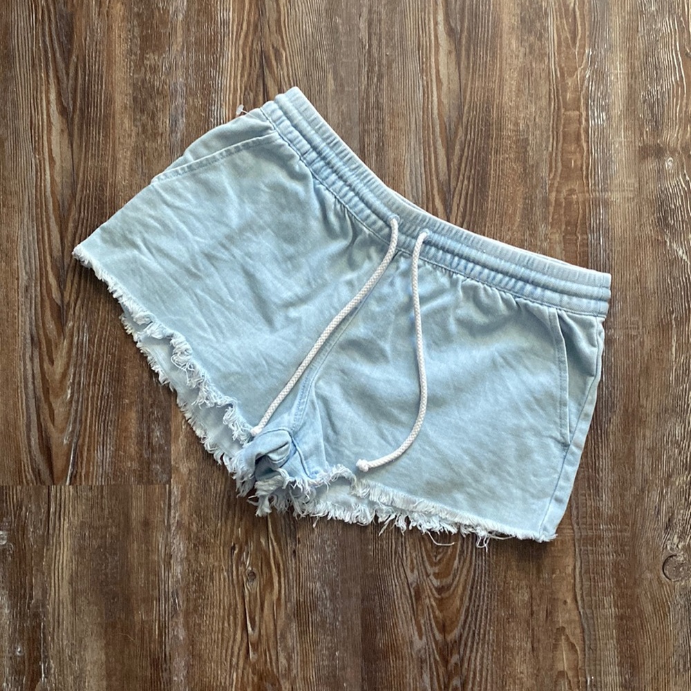 Aerie Light Wash Blue Denim Stretchy Waist Cutoff Raw Hem Shorts